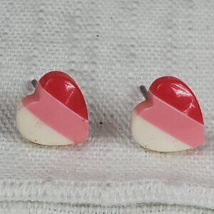 Tiny Pink Stripe White Heart Post Stud Earrings